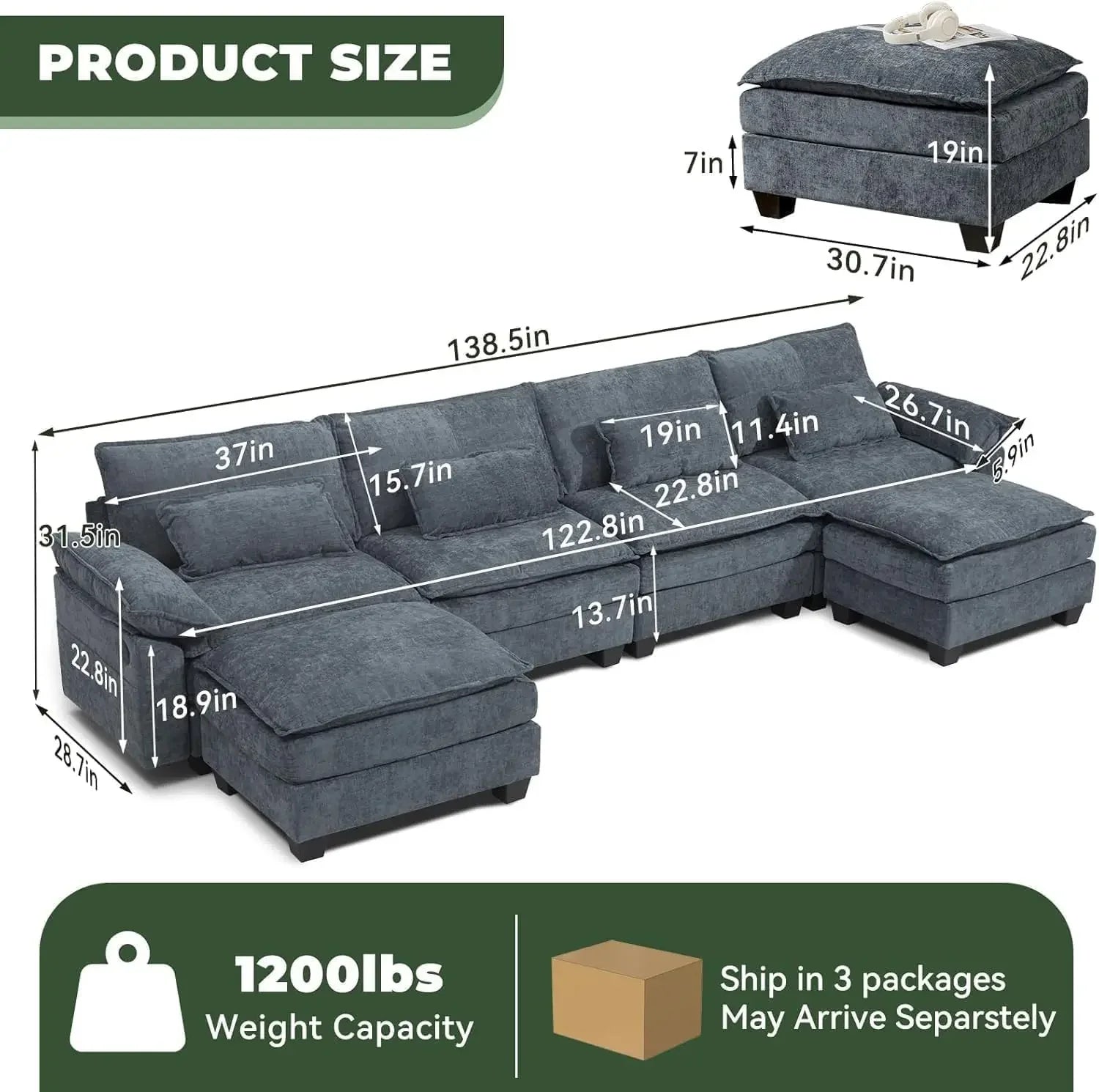 Cloud Couch Sectional with USB, Movable Ottoman, 3-Layer, Modern - Ohberri