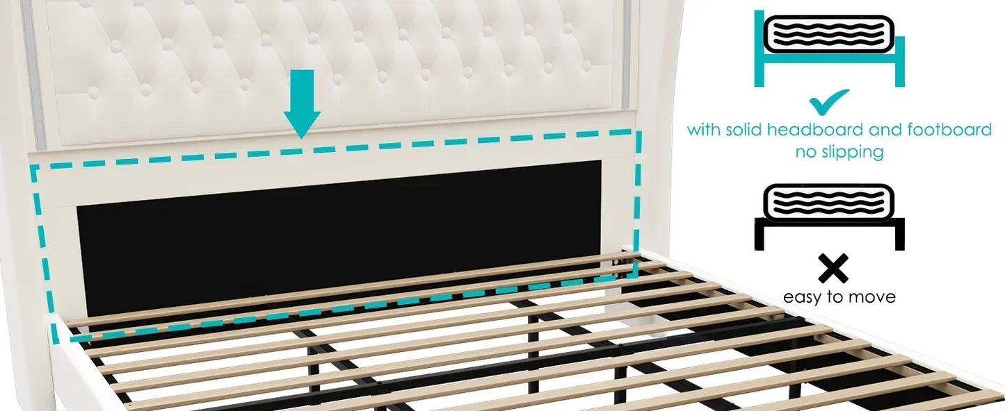 55" Tall Headboard LED, Tufted Velvet Upholstery, 2 Storage Drawers, Wood Slats- Beige - Ohberri