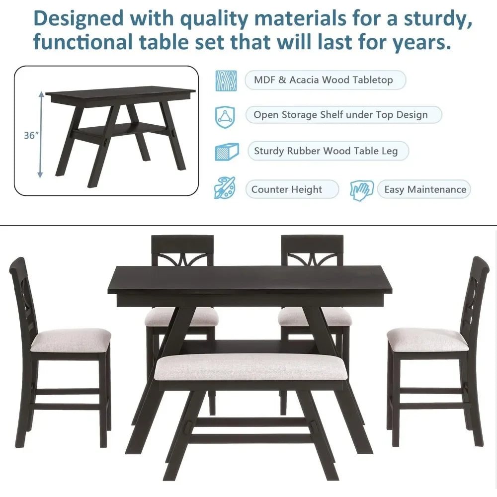 Farmhouse Dining Room Table Set with Storage Shelf Wooden 6 Piece Kitchen Table Set with Bench and Chairs - Ohberri