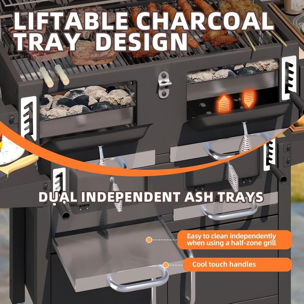 36 In Extra Large Charcoal Grill - 620 Sq.In Oversized BBQ Area with Thermometer & Individual Lifting Charcoal Trays - Ohberri