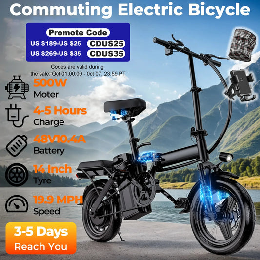 20 MPH, 48V 10.4Ah 14 Inch Folding Electric Bike - Ohberri