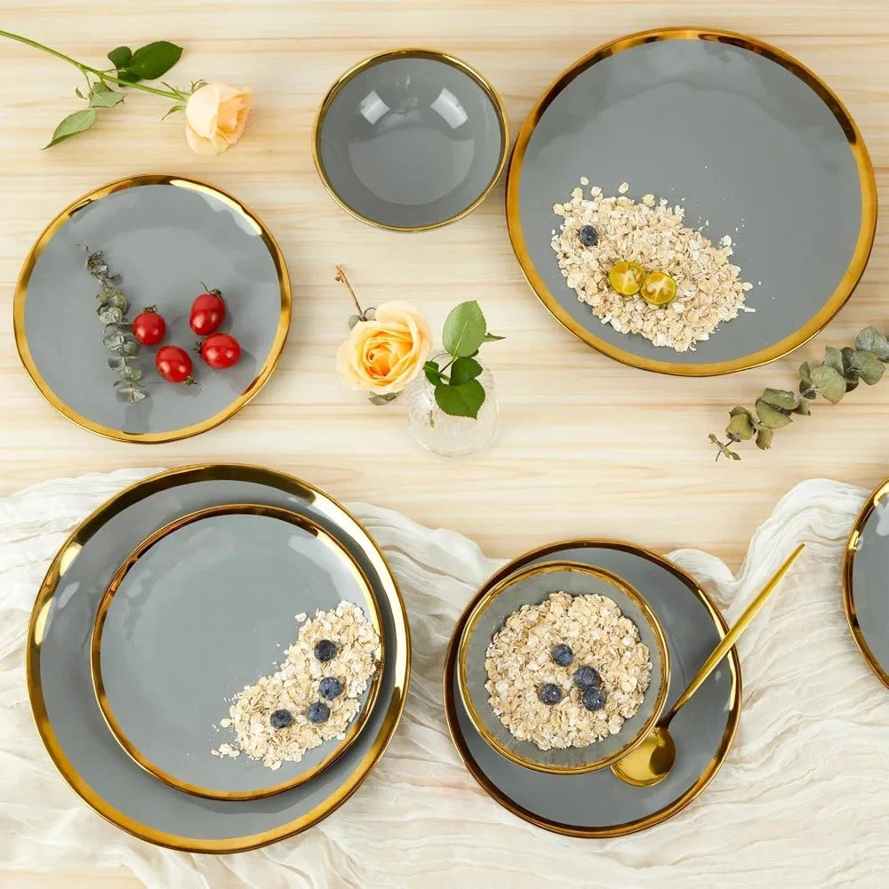 Porcelain Luxury Dinnerware Sets, Modern Plates and Bowls Sets for 4, Highly Chip and Crack Resistant, Grey and Gold Rim Ohberri