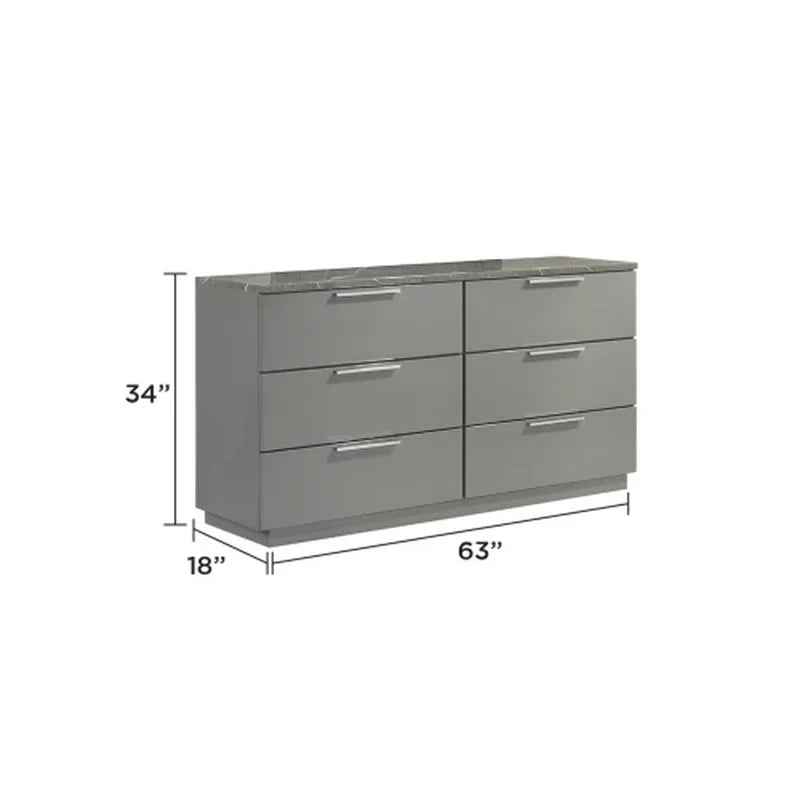 5-Piece Queen Bedroom Set: Two-Tone High-Gloss Marble & Lacquer Finish with LED Lighting, Metal Legs, Spacious Storage - Gray - Ohberri