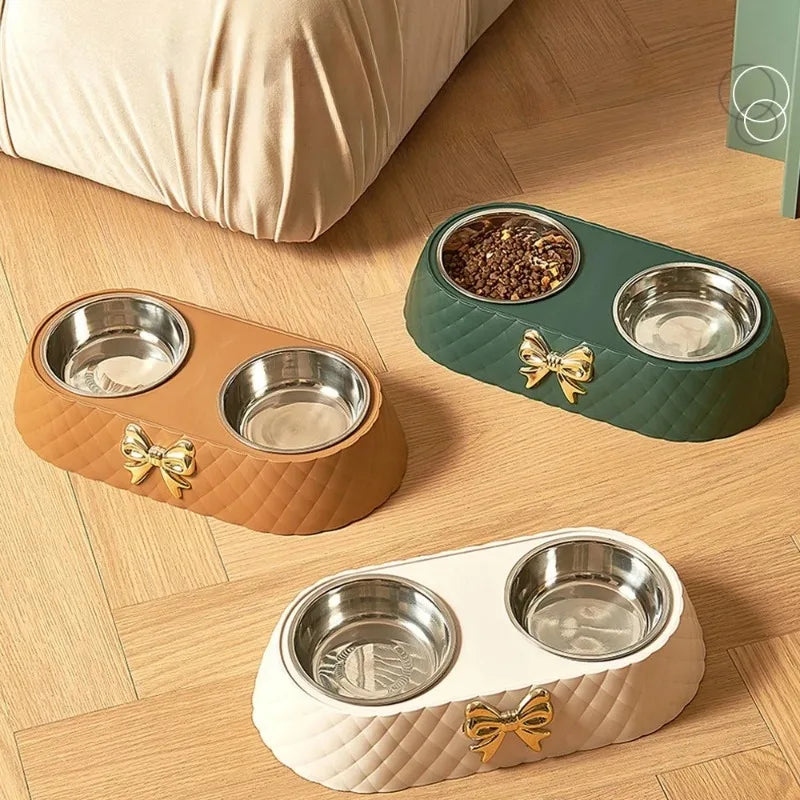 1PC Pet Pet Dog and Cat Food Bowls Bowtie Dog Food Drinking Double Bowl Pet Supplies Ohberri
