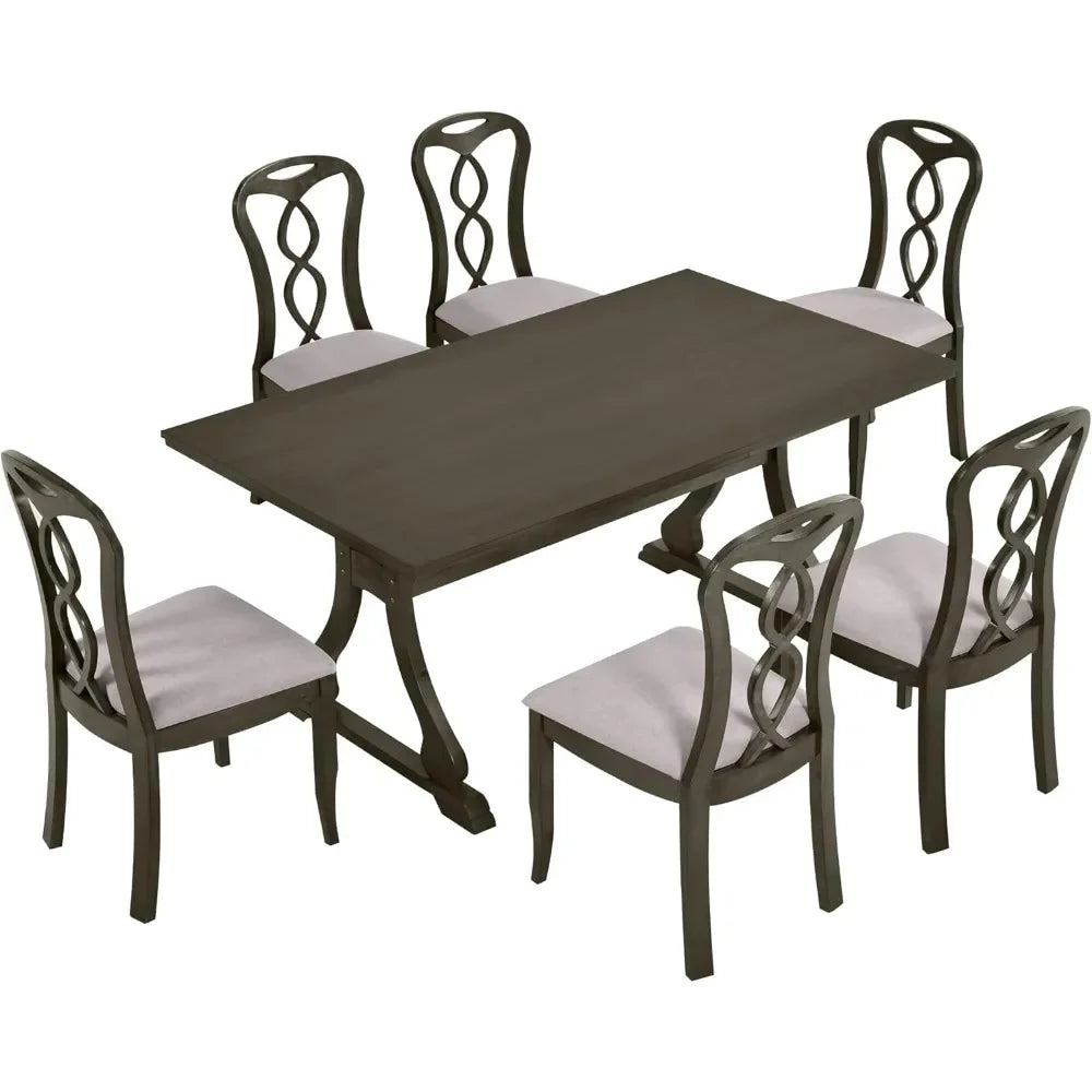 7 Piece Dining Table Set, Retro Kitchen Table Set with 6 Upholstered Dining Chairs, Wooden Table and Chairs Set for Dining Room - Ohberri