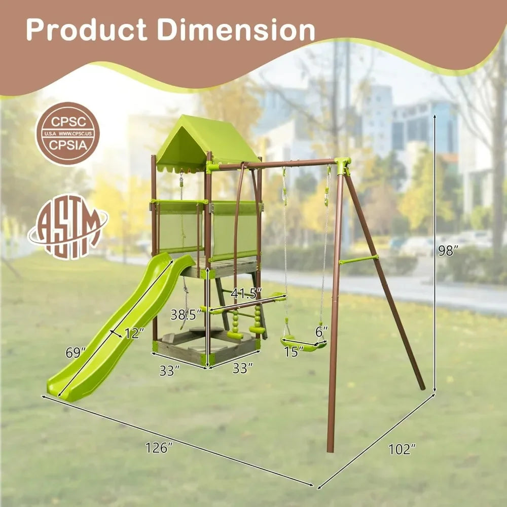 Swing Sets for Backyard, 7-in-1 Heavy Duty Metal Swing Set  Glider and Swing, Outdoor Playset for Playground, Gift for Kids Ohberri