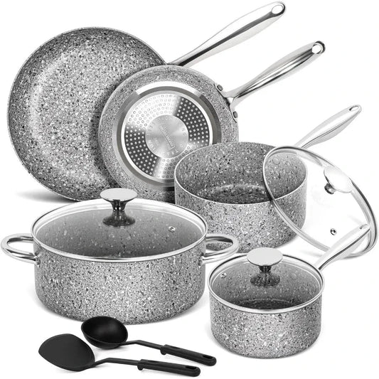 Pots and Pans Set 10 Piece Cookware Set with Granite Coatings for Super Nonstick Ohberri