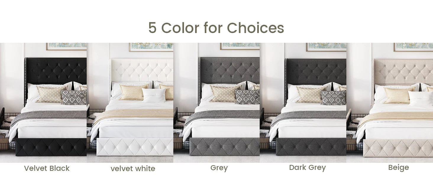 Bed Frame with 4 Storage Drawers and Tufted Headboard Velvet Upholstered Platform - Ohberri