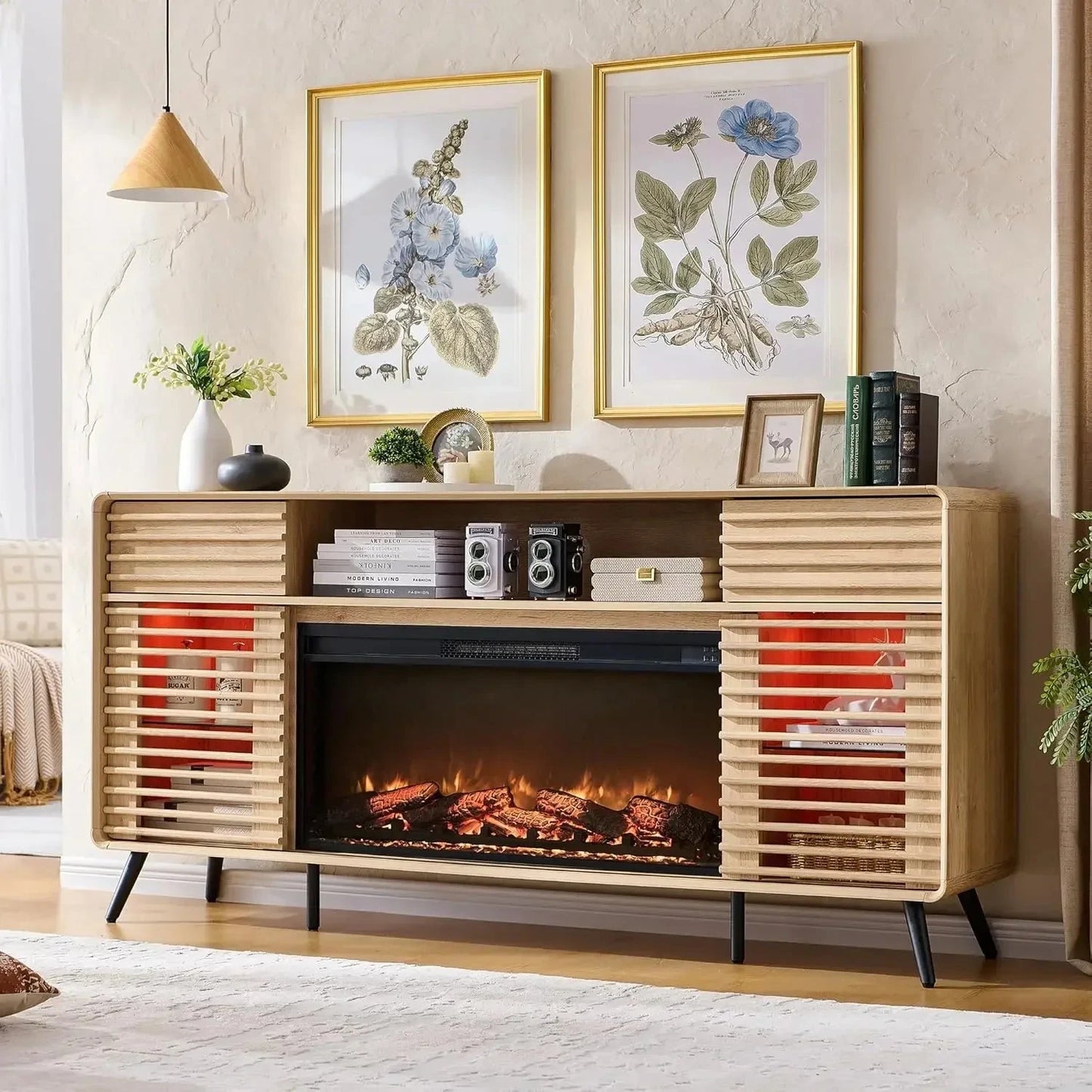 TV Stand for 80 Inch TV, Mid Century Modern with 36" Electric Fireplace & Led Lights Ohberri