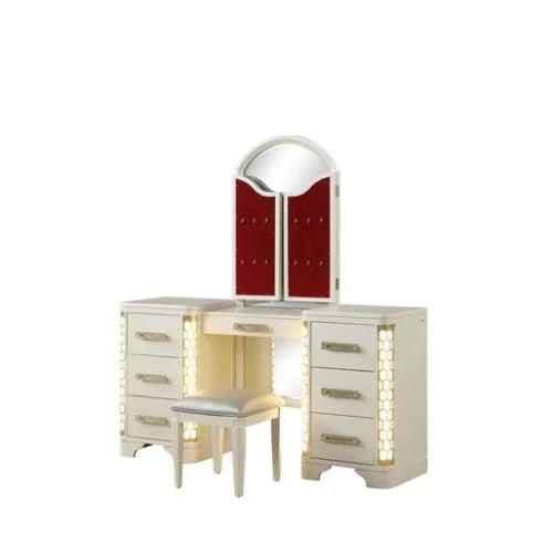 Queen 5 Pc Unique LED Vanity Bedroom Set made with Wood in Beige - Ohberri