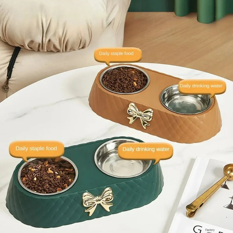 1PC Pet Pet Dog and Cat Food Bowls Bowtie Dog Food Drinking Double Bowl Pet Supplies Ohberri