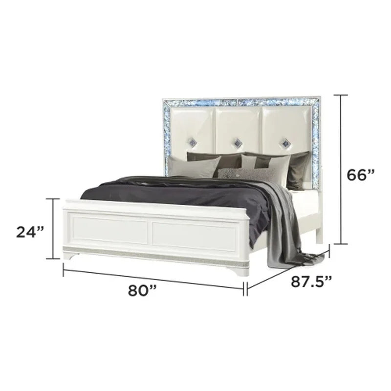 5 Pc King Upholstered Bedroom Set with Wood and Crystal Accents in White - Ohberri