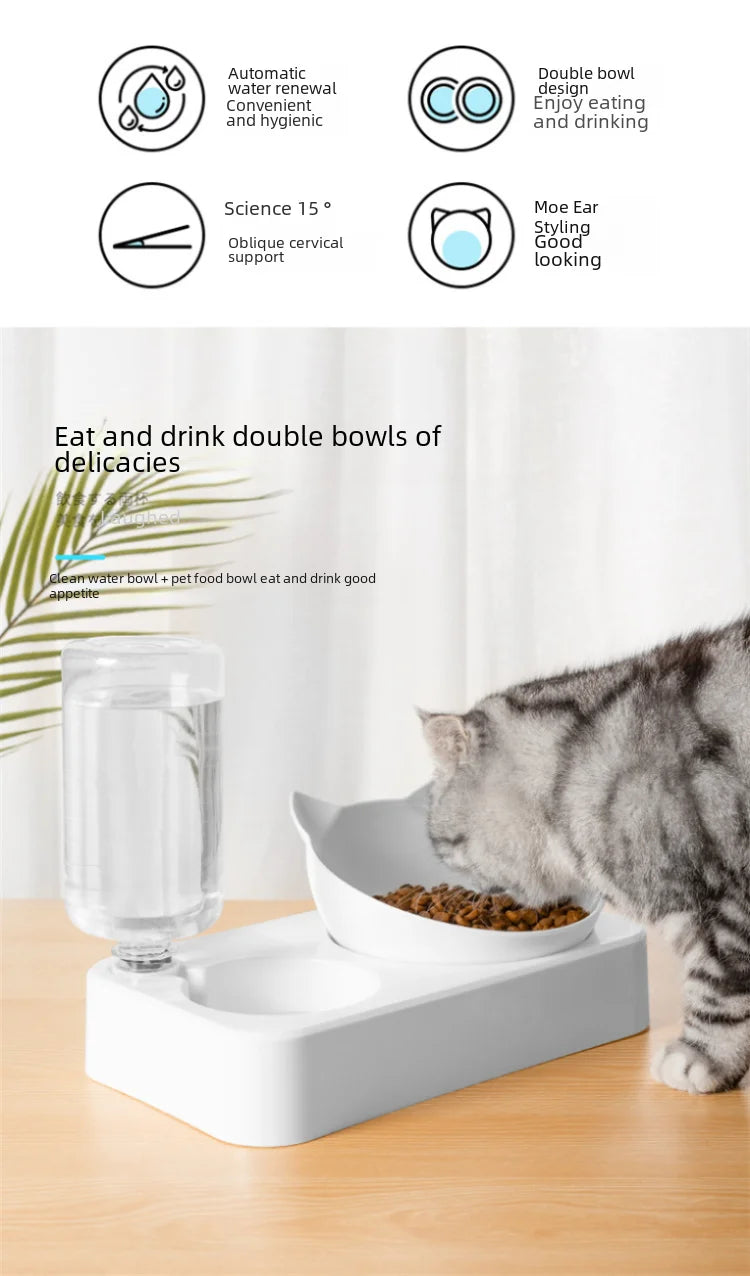 Double Bowl Automatic Watering Pet Anti-overturn Rice Plastic Cat Dog Food Bowl Cats Dogs Pet Tableware Ohberri