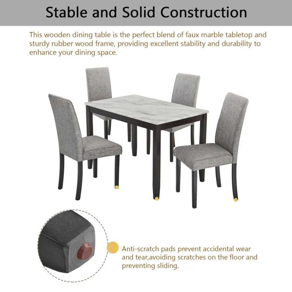 5-Piece Dining Set with Faux Marble Tabletop, Faux Marble dining table set for 4, Modern Wooden Dining Table Set for Kitchen - Ohberri