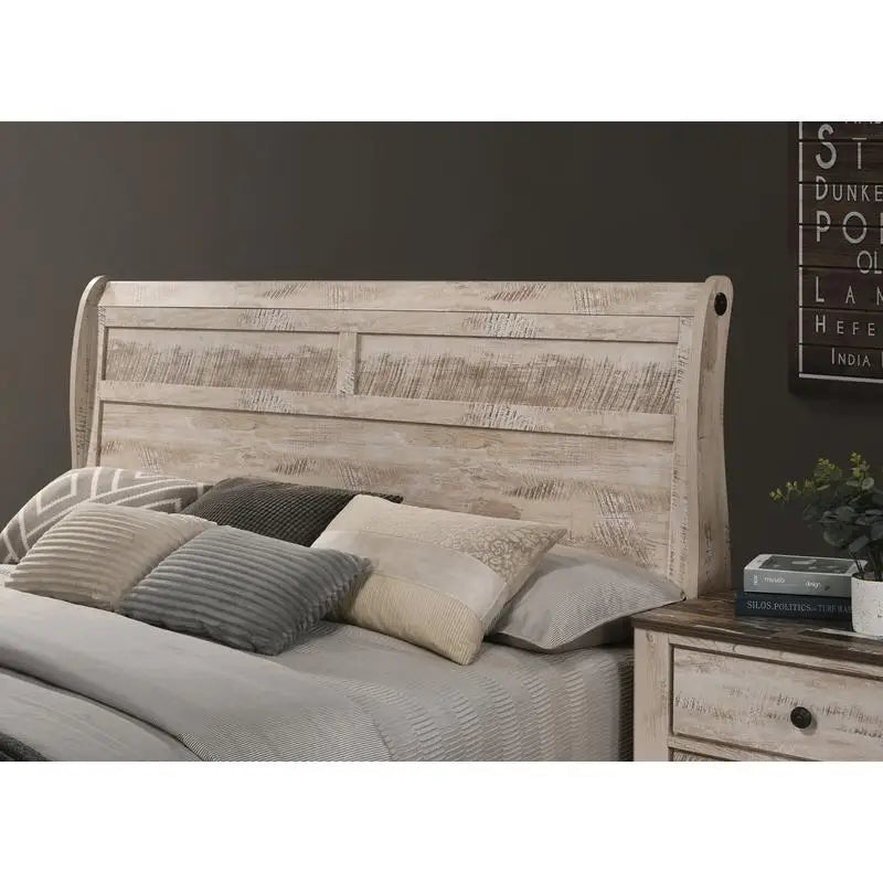 Contemporary White Wash Finish King Sleigh Bed Set with Dresser, Mirror, and 2 Nightstands - Ohberri