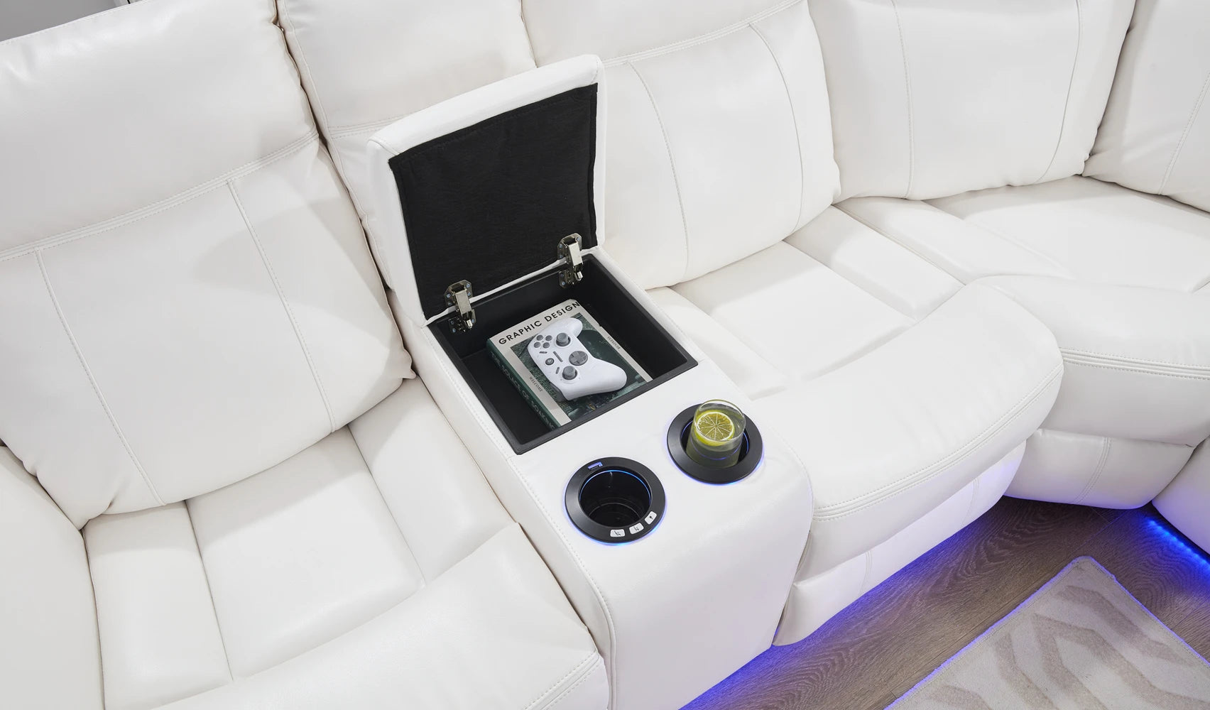 Power Recliner with LED Lights, USB, Cup Holders Storage Console Faux Leather Sectional - Ohberri