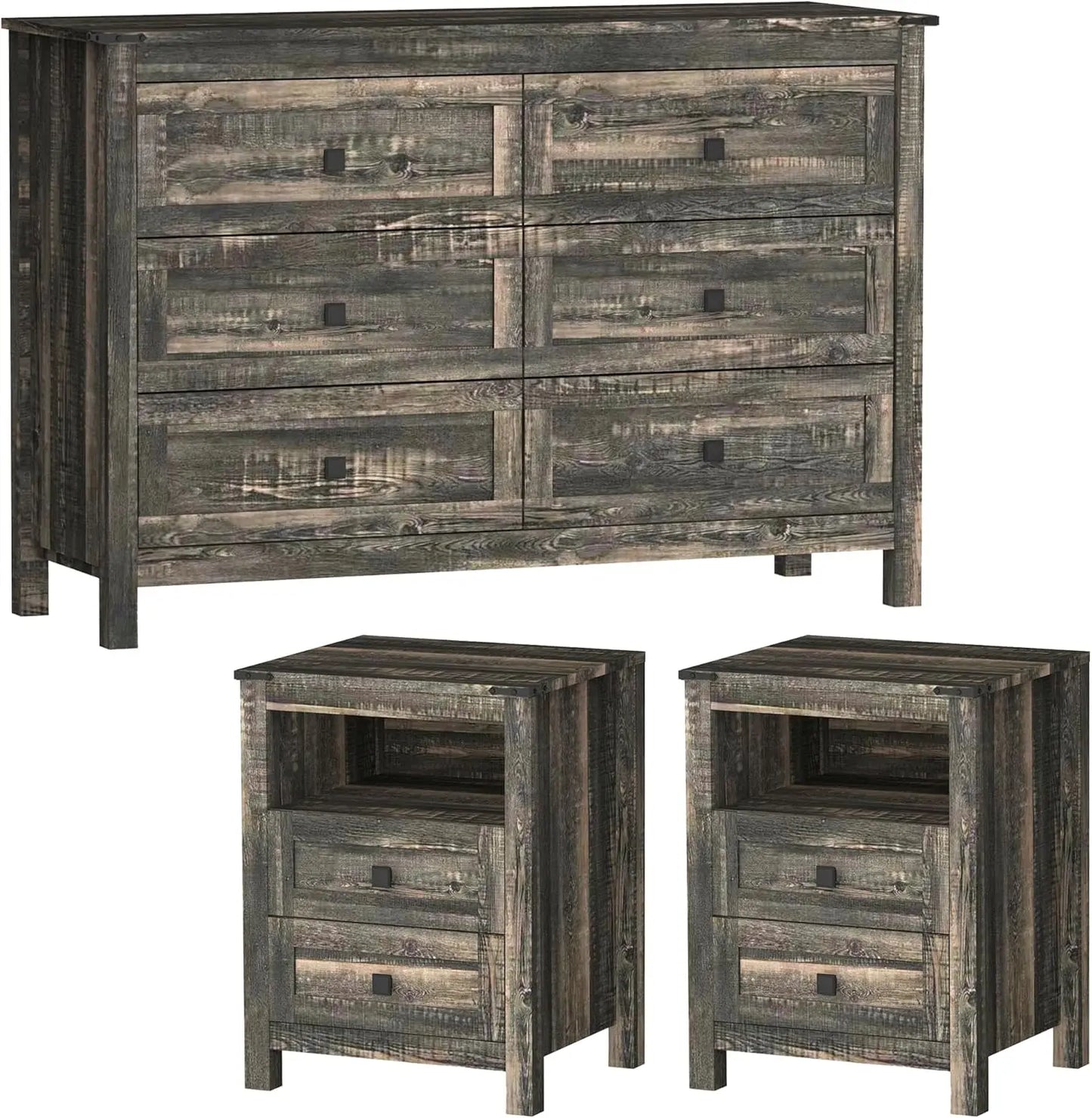 Farmhouse 3 Pieces Bedroom Furniture Set, Rustic Wood 6 Drawer Dresser and Nightstands - Ohberri