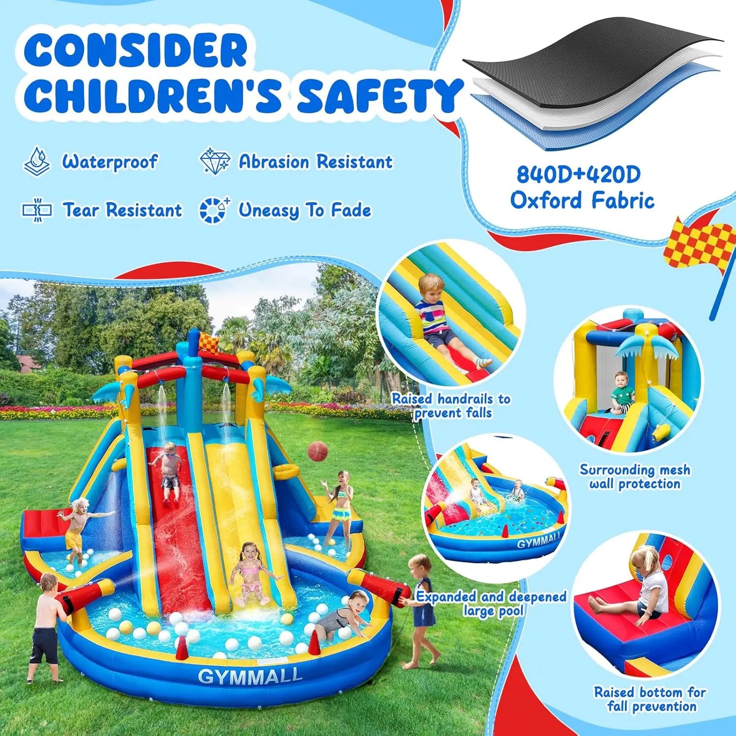 Inflatable Water Slide Bounce House with 550 W Blower, Blow up 8-in-1 Waterslide - Ohberri