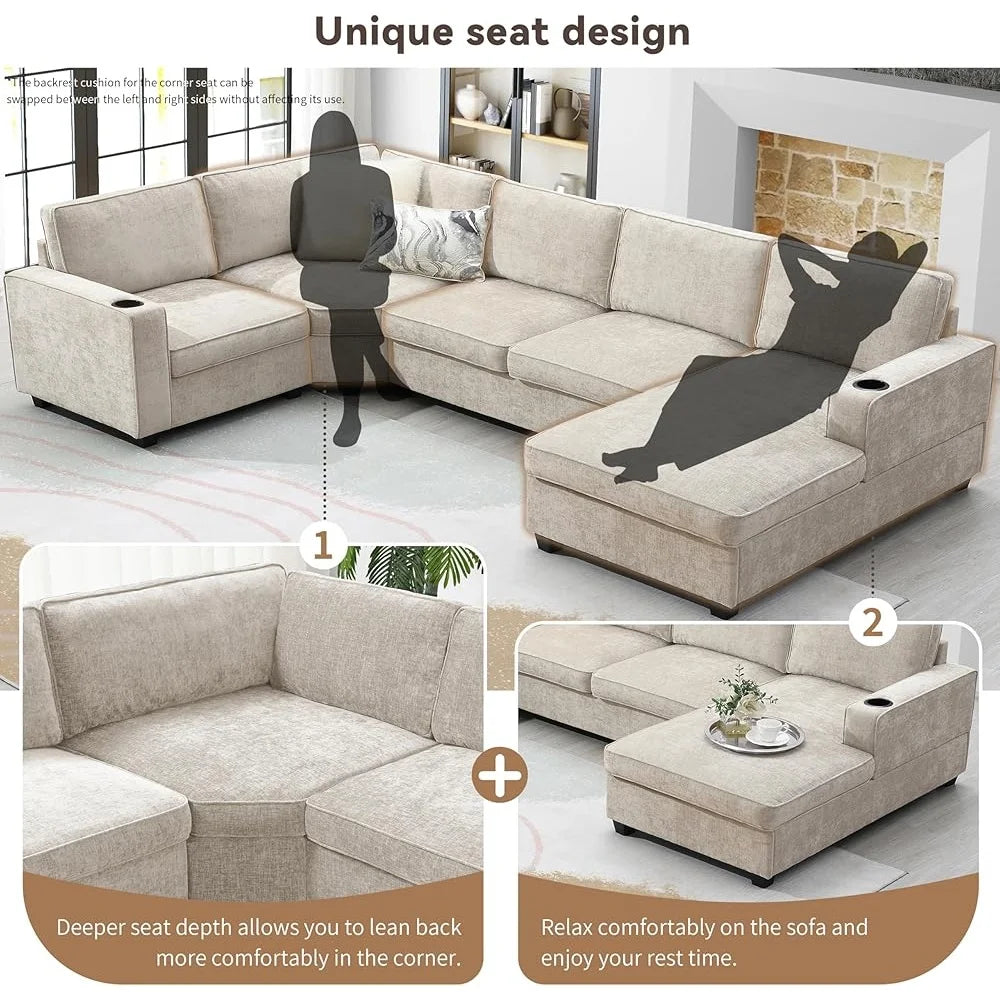 Modern U-Shaped Oversized Sectional Sofa with Cup Holders Chaise Lounge - Ohberri