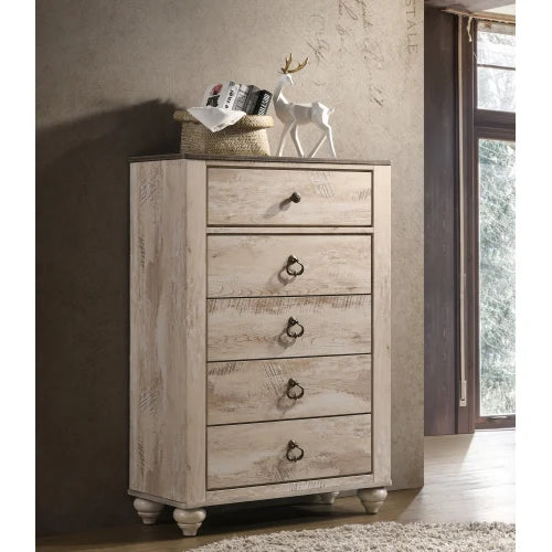 Imerland Contemporary White Wash Finish Bedroom Set, Queen Bed , Dresser, Mirror, Nightstand, Chest - Ohberri