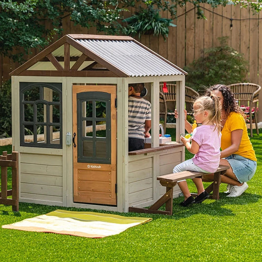 Wooden Playhouse with Doorbell 13 Accessories Serving Window Picket Fence Ohberri