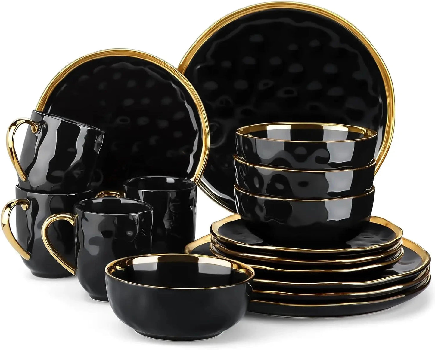 Black and Gold Dishes Sets, Stoneware Dinnerware Sets for 4, 16 Piece Plates and Bowls Sets Ohberri