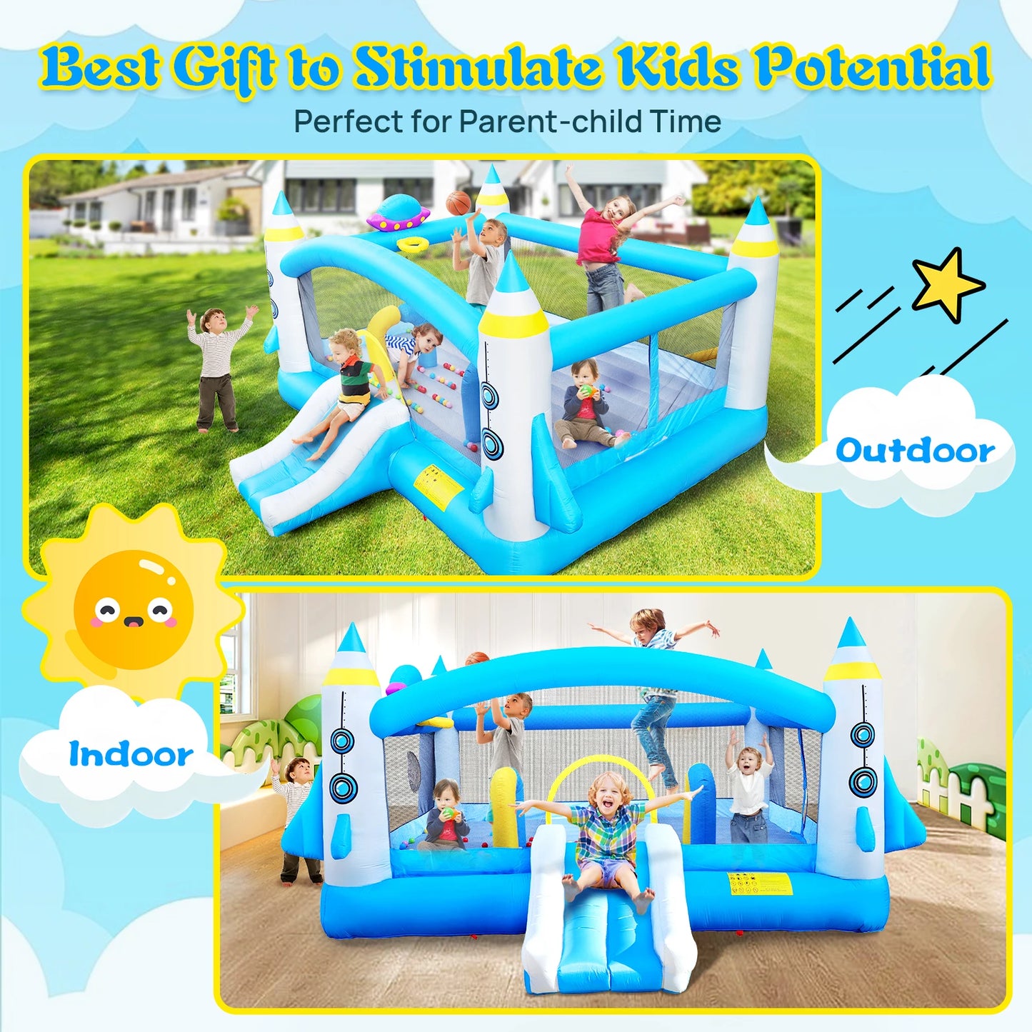 Bounce House With Long Slide Bouncing Area Basketball Hoop - Ohberri