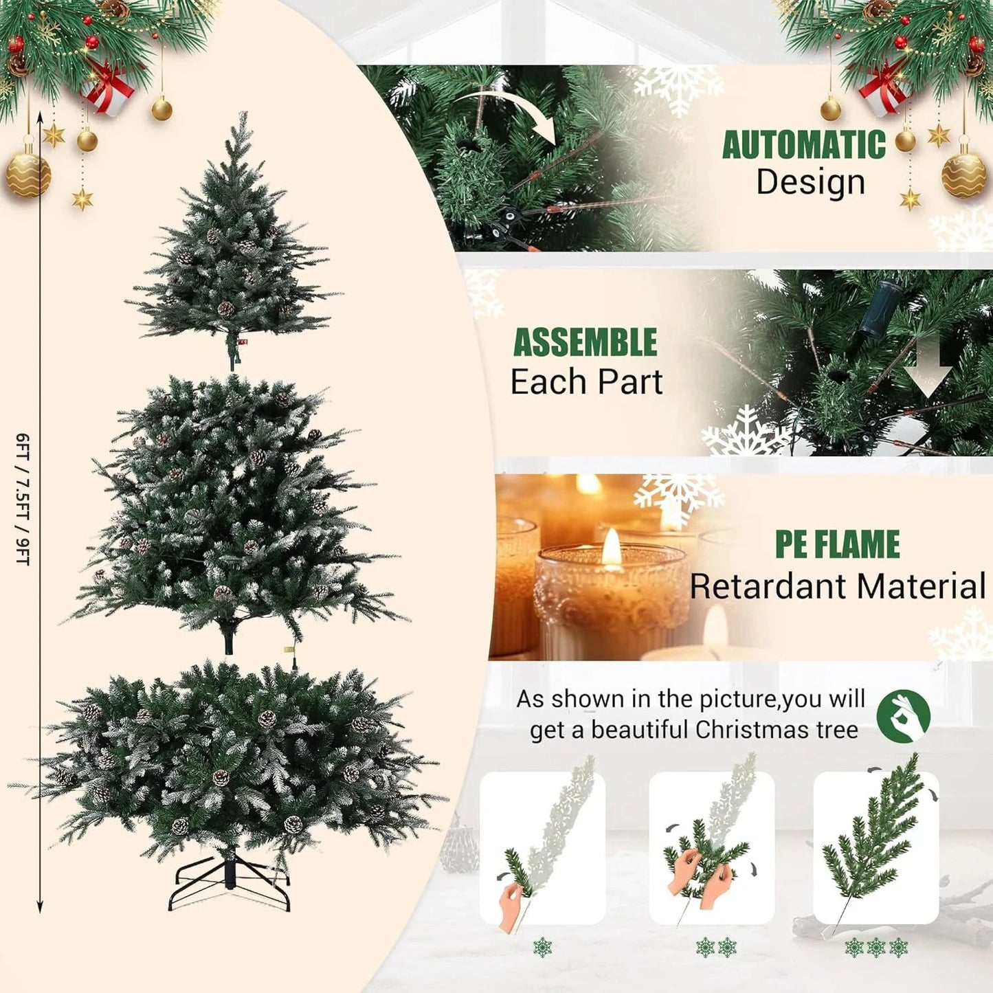 6Ft/7.5Ft/9Ft Pre-Lit Snow Flocked Christmas Tree 8-Modes LED Lights Prelit Artificial Tree With Fake Pine Cones Ohberri