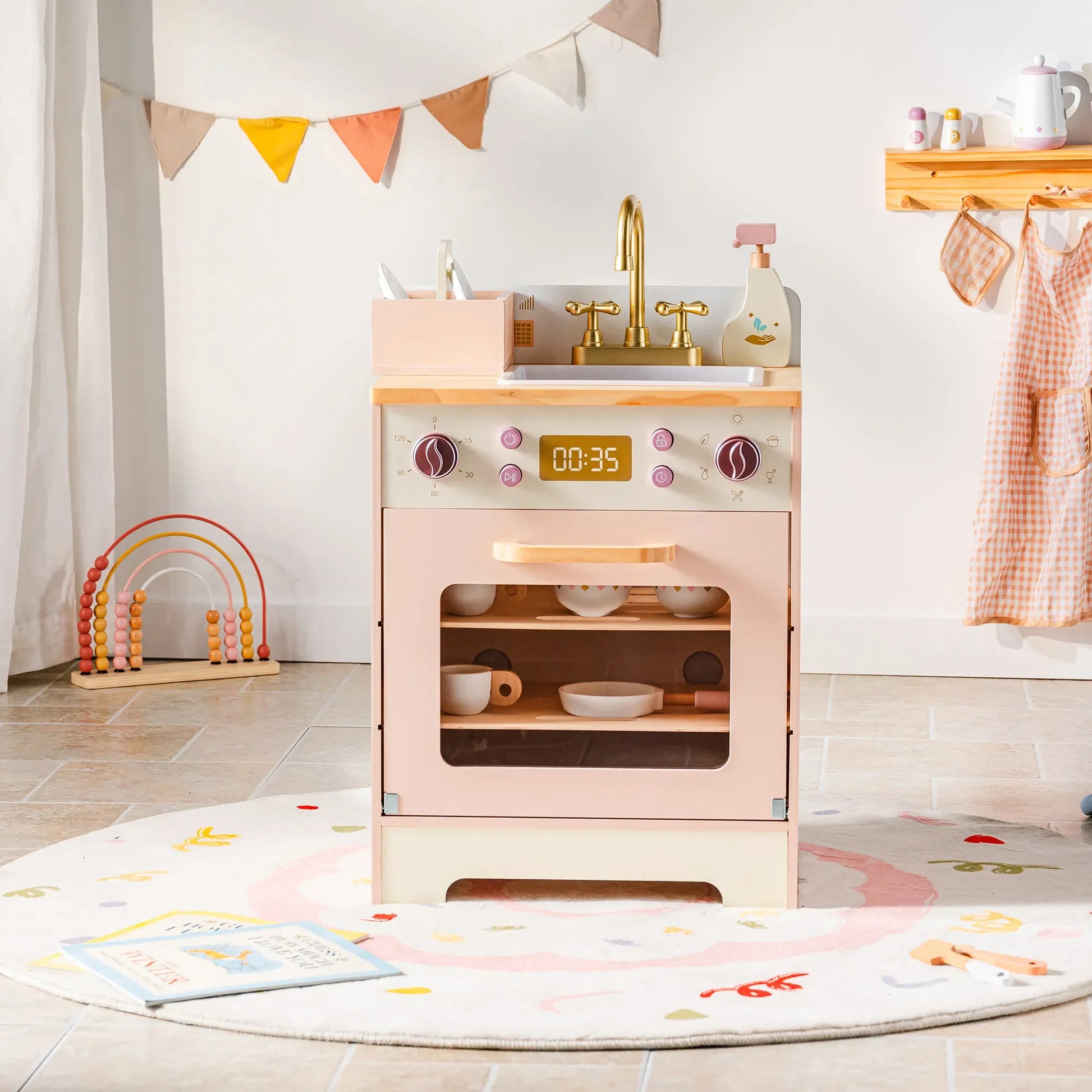 Kitchen Play set with Realistic Sound Pretend Play Gift for Boys Girls Pink - Ohberri