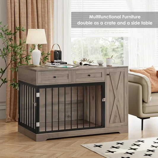 Wooden Dog Crate Furniture, Double Door Pet Kennel with 2 Drawers & Storage Cabinet Ohberri