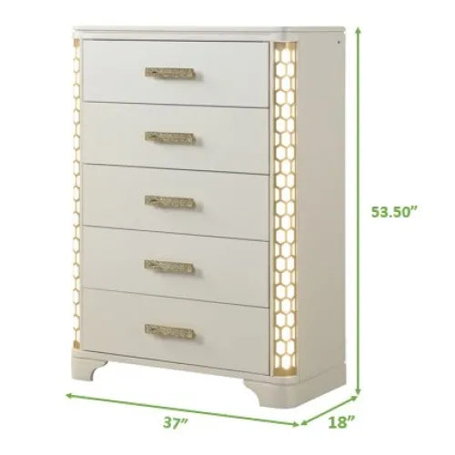 Queen 5 Pc Unique LED Vanity Bedroom Set made with Wood in Beige - Ohberri
