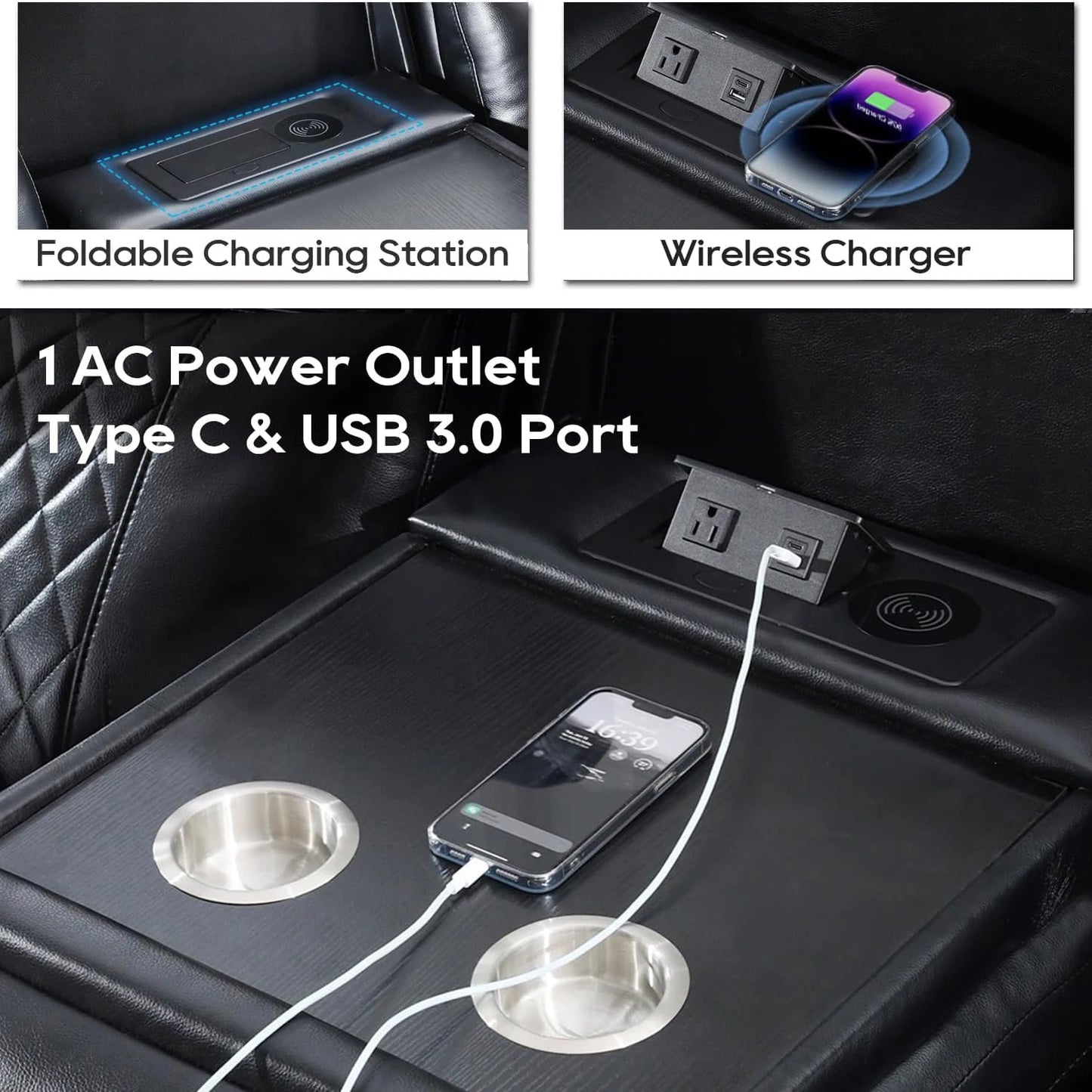 5 Seater Faux Leather Power Recliner Sofa Set with Drop-Off Table, Wireless Charger & Type-C, Loveseat with Bass Speaker - Ohberri