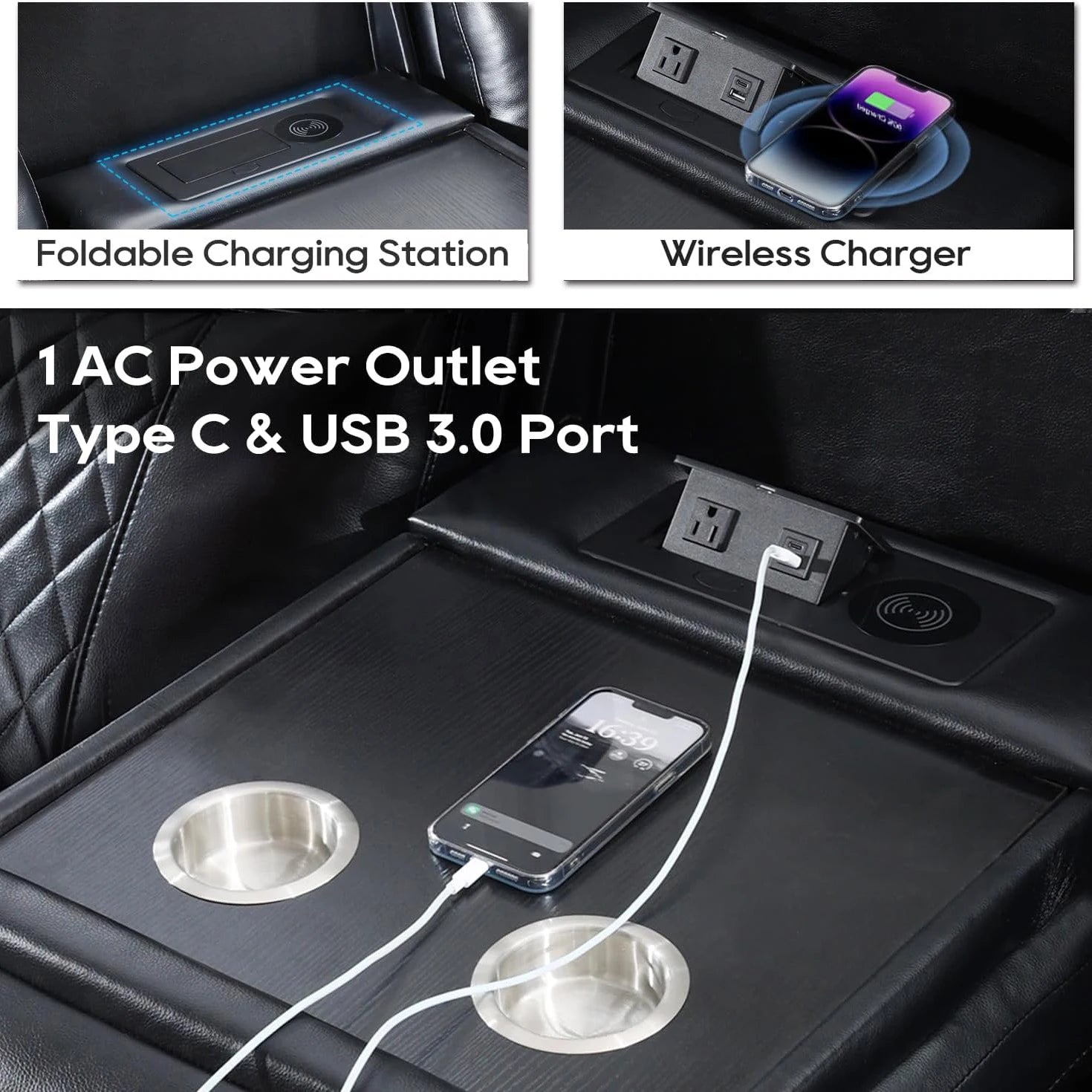 5 Seater Faux Leather Power Recliner Sofa Set with Drop-Off Table, Wireless Charger & Type-C, Loveseat with Bass Speaker - Ohberri