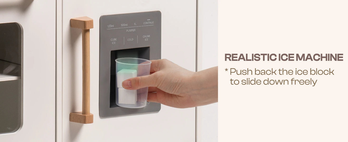 Wooden Play Kitchen with Real Lights Sounds Ice Cube Dispenser -White - Ohberri