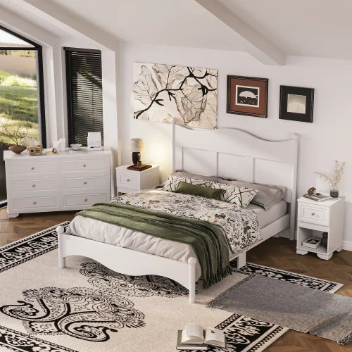 4-Pieces Retro Style Bedroom Sets, Queen Size Platform Bed Storage Nightstand and Dresser with Metal Handle, White - Ohberri