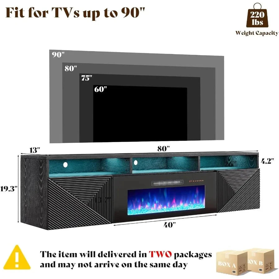 Floating TV Stand with 40 Electric Fireplace Modern Wall Mounted with Storage 80in Media Console Ohberri