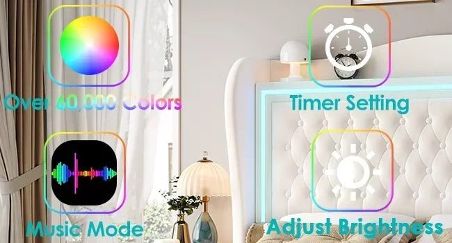 55" Tall Headboard LED, Tufted Velvet Upholstery, 2 Storage Drawers, Wood Slats- Beige - Ohberri