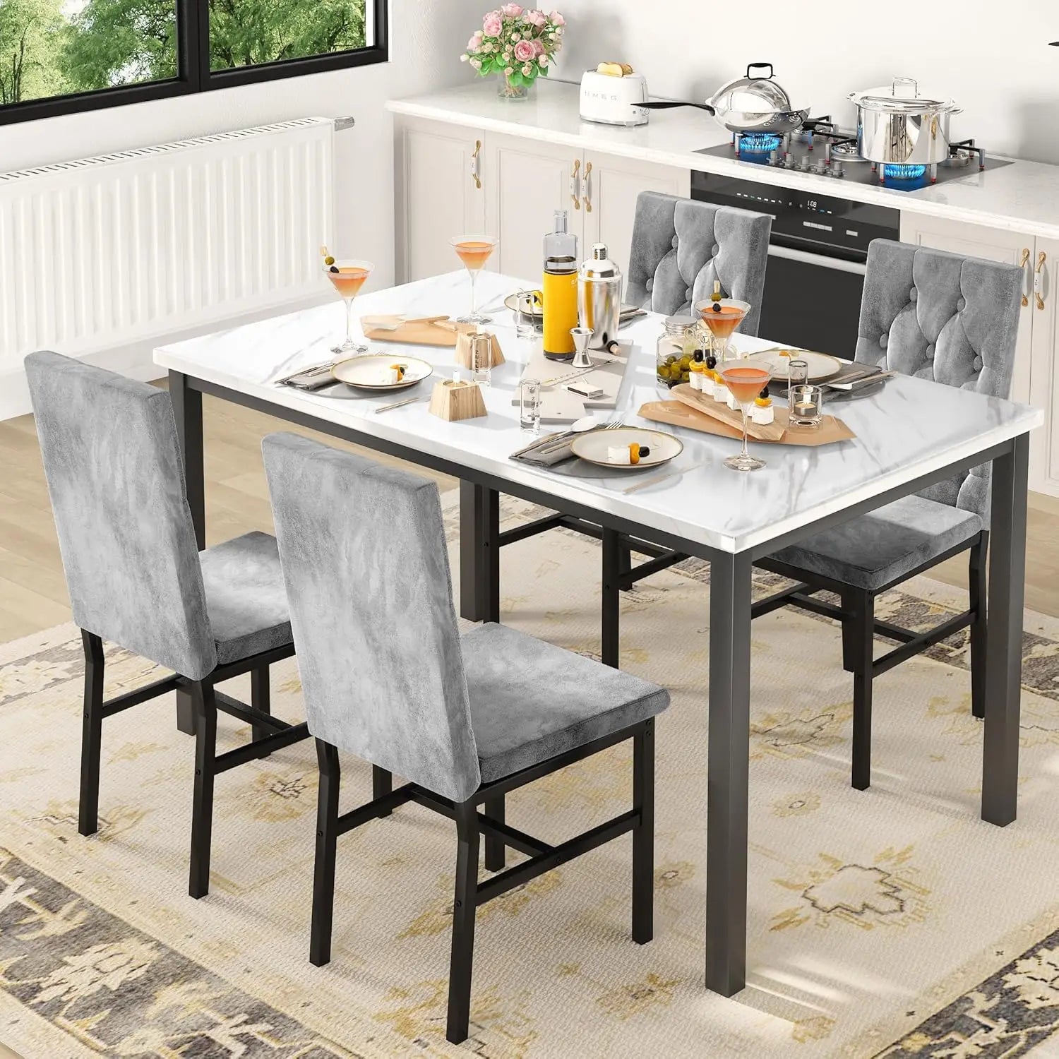 Dining Table Set for 4, Faux Marble Small Kitchen Table Chairs Set of 4 with Luxurious Button Tufted Dinner Chairs - Ohberri