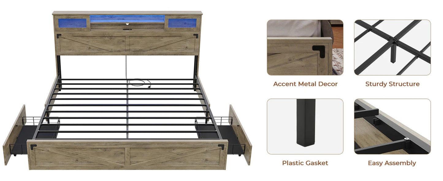 Farmhouse Bed Frame with Bookcase Headboard and 2 Drawers, Wooden Platform , Rustic Brown Ohberri