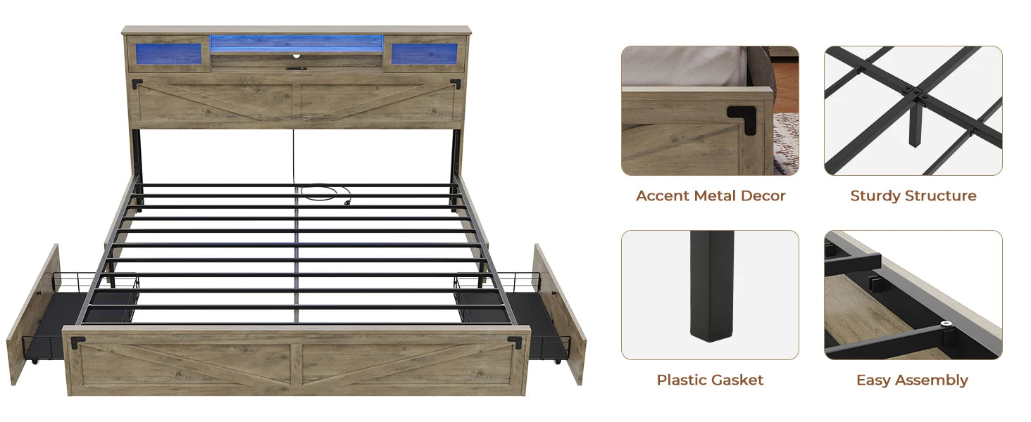 Farmhouse Bed Frame with Bookcase Headboard and 2 Drawers, Wooden Platform , Rustic Brown Ohberri