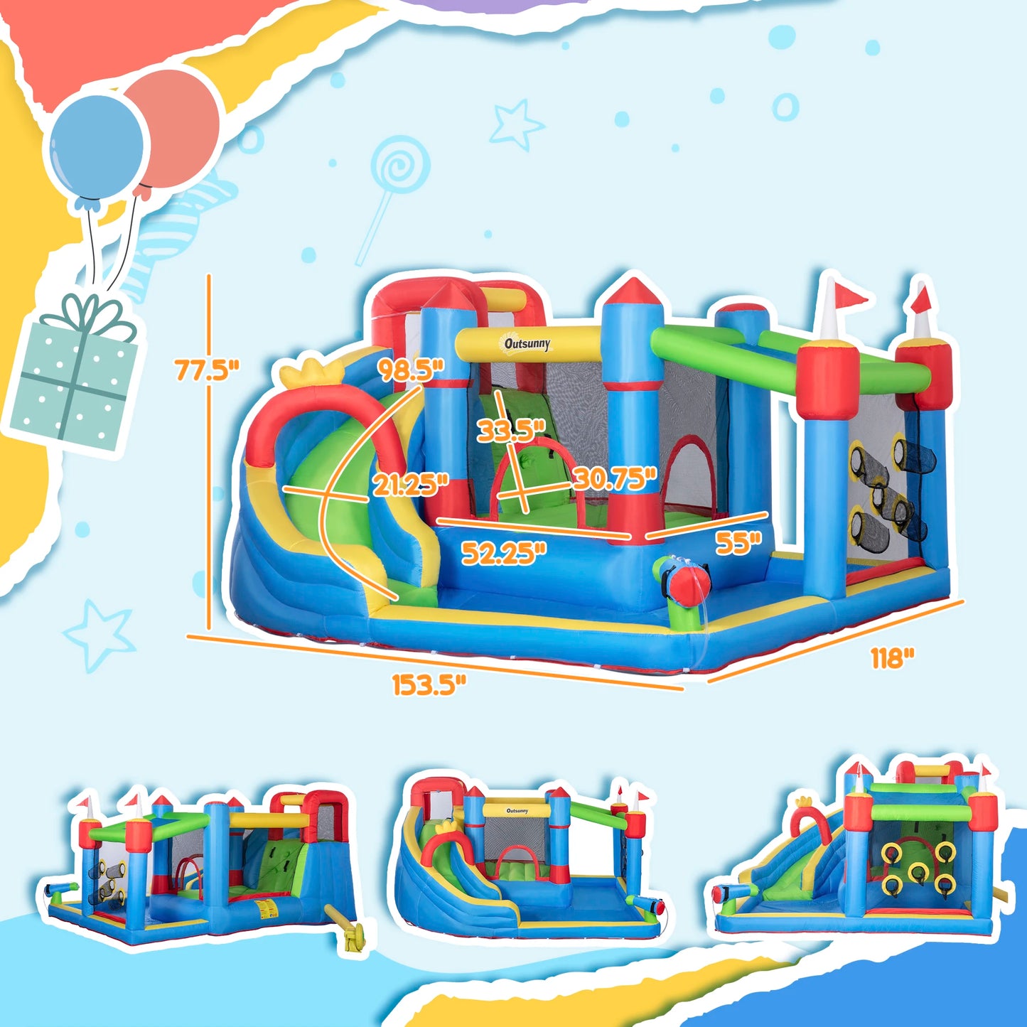 6-in-1 Inflatable Bounce House, Inflatable Water Slide - Ohberri