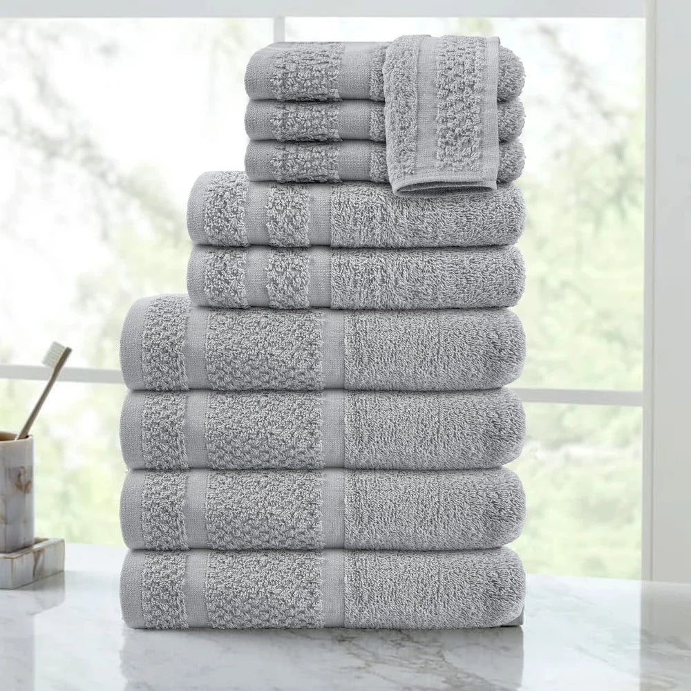 10 Piece Cotton Towel Set Soft Absorbent Bath Towels Durable Washcloths Hand Towels Popcorn Textured Border - Ohberri