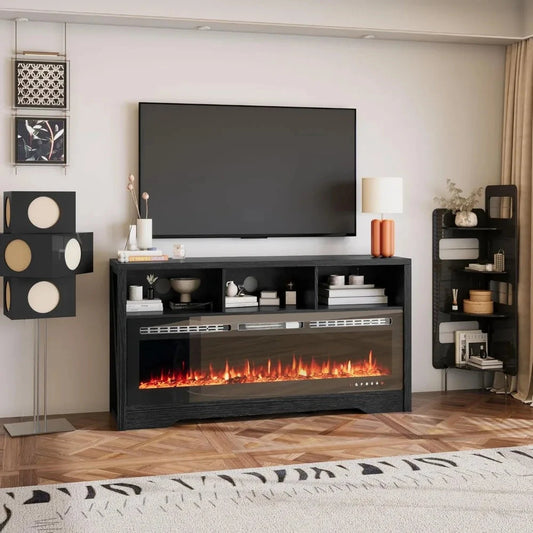Fireplace TV Stand with 50" Glass Electric Fireplace with Power Outlets for Up to 65 inch TV Ohberri