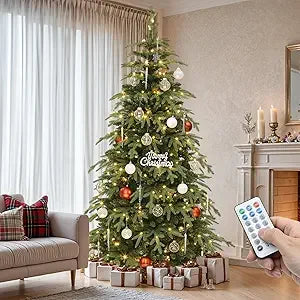 7.5ft Pre-lit Flocked Layered Christmas Tree With Remote, Hinged Flocked Christmas Tree W/ 1734 Pe & Pvc Mixed Tips Ohberri