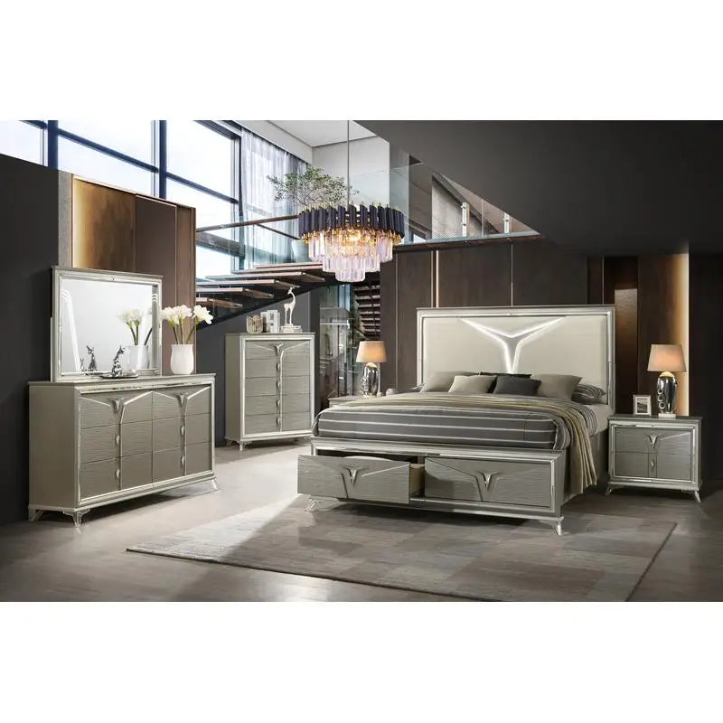 Modern King 5PC Bedroom Set with Wood Construction & LED Headboard Lighting - Ohberri