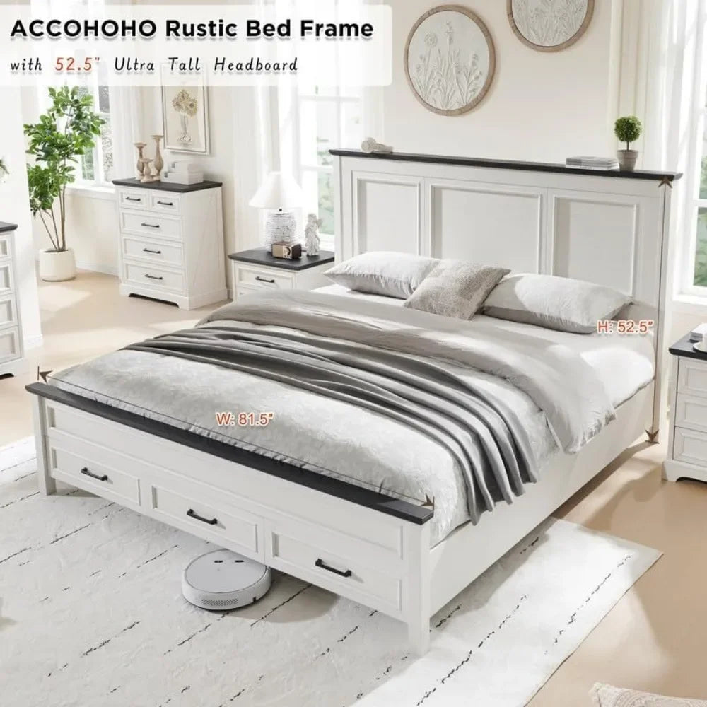 Farmhouse King Size Bed Frame with 52" Tall Full-Panel Headboard, Wood Platform Storage Drawers - Ohberri