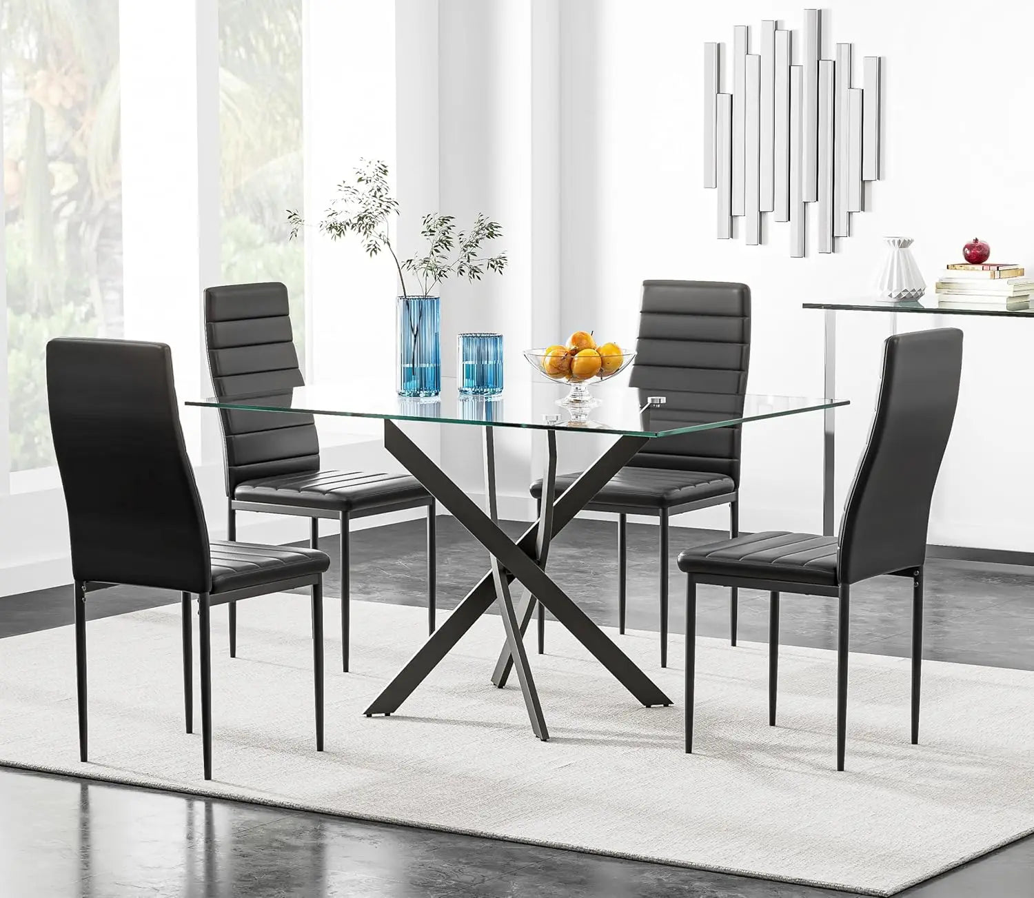 5 Piece Dining Table Set,Tempered Glass Dining Table Set for 4 Kitchen Table Set with 4 Upholstered Chairs for Dining Room - Ohberri