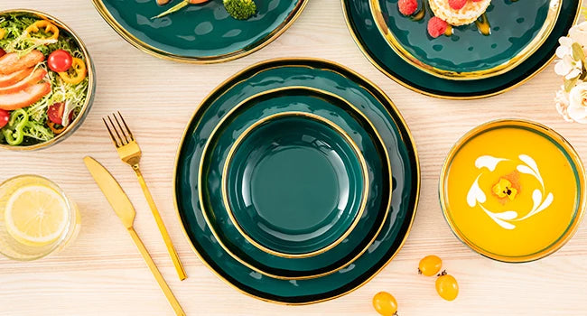 12 Pieces Plates and Bowls Sets, Porcelain Green and Gold Dinnerware Sets Ohberri