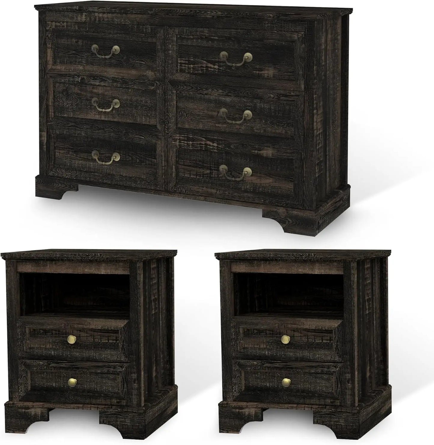 Farmhouse 3 Pieces Bedroom Furniture Set, Rustic Wood 6 Drawer Dresser and Nightstands - Ohberri