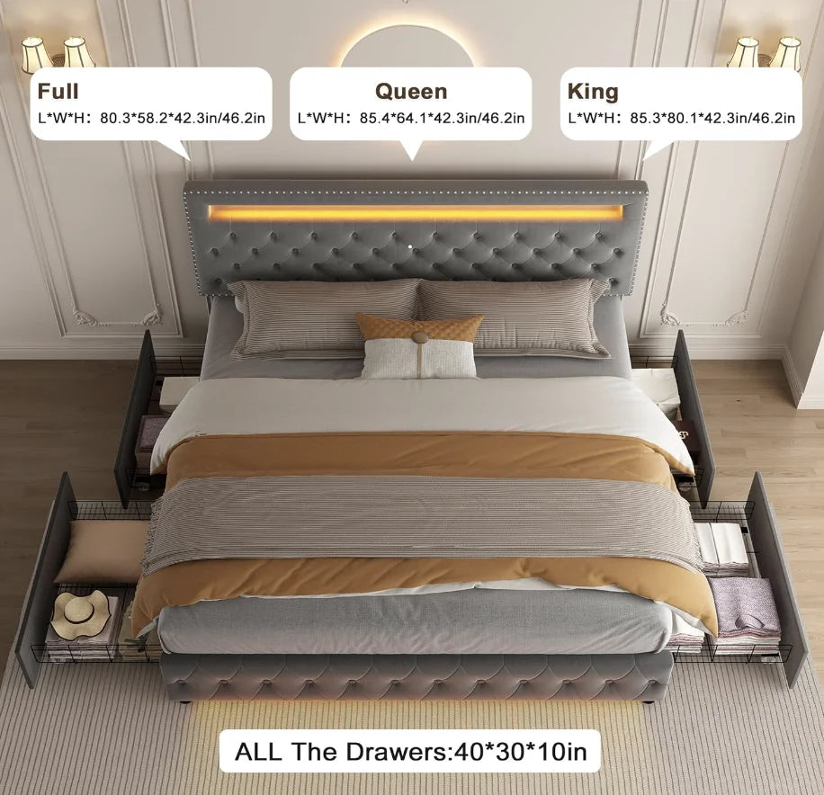 Bed Frame with 4 Storage Drawers, with Smart Control RGBW LED Lights Headboard Footboard, Control DIY Color, Box Sprin - Ohberri